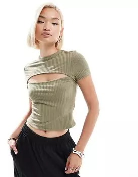 COLLUSION топ из ребристого плетения с вырезанной деталью цвета хаки