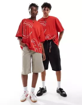 COLLUSION Унисекс – Красная футболка фигурного кроя с принтом