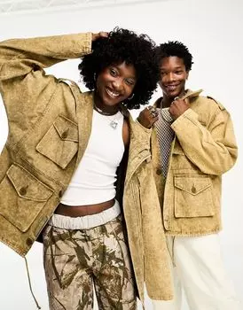 COLLUSION Unisex — объемная куртка-карго с множеством карманов в винтажном стиле горчичного цвета