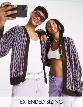 COLLUSION Вязаный кардиган унисекс с коричневым и сиреневым фирменным принтом