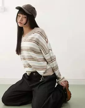 COLLUSION вязаный полосатый джемпер с V-образным вырезом синего цвета