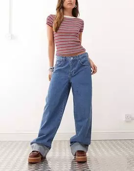 COLLUSION X002 джинсы средней потертости с широкими штанинами, отворотом и красной строчкой