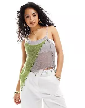 COLLUSION – Зелено-сиреневый клетчатый топ с бусинами