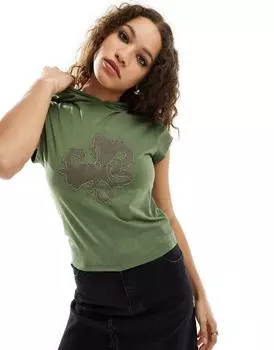 COLLUSION – Зеленый топ с рукавами, закрывающими плечи, капюшоном и аппликацией