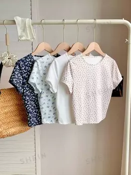 Comfortcana, Комплект из 4 предметов, Женская летняя футболка с цветочным принтом и круглым вырезом, с короткими рукавами Shein, мультиколор