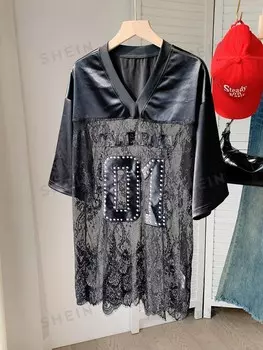 Comfortcana Модная повседневная бейсбольная рубашка, свободное кружево с блестками, V-образный вырез, узор из букв и цифр Shein, черный