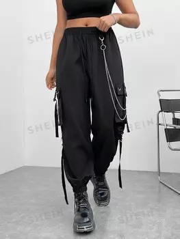 Coolane Большие брюки-карго с декором в виде цепочки и карманами с клапанами Shein, черный