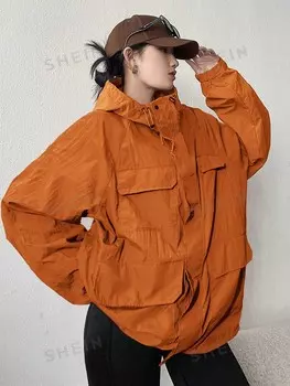 Coolane Большие размеры Жен. Куртка Однотонный Реглан Длинный рукав С капюшоном Shein, зеленый