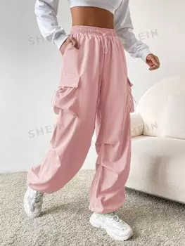 Coolane Брюки-карго с кулиской на талии и карманами с клапанами, черные Shein, пастельно-розовый