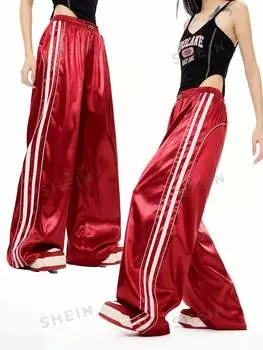 Coolane Летние спортивные повседневные цветные текстурные украшения Спортивные широкие теплые брюки Shein, красный