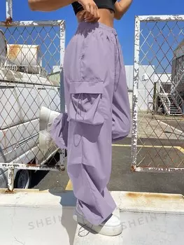 Coolane Парашютные свободные брюки Боковой откидной карман Шнурок на талии Shein, пастельно-фиолетовый