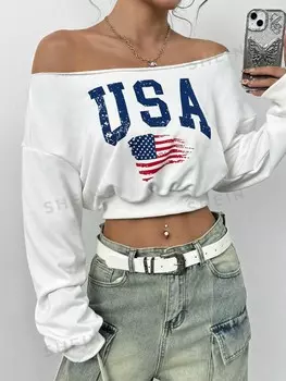 Coolane Повседневный укороченный свитер с принтом флага США для женщин, весна, лето Shein, белый