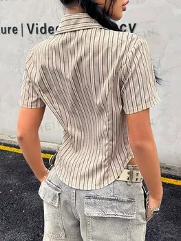 Coolane Рубашка в полоску, пуговицы спереди, узкая талия, короткие рукава Shein, абрикосовый