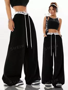 Coolane Широкие брюки с принтом в стиле хип-хоп для женщин, летняя школьная одежда Shein, черный