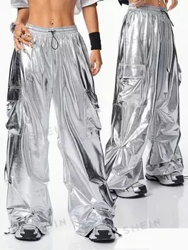 Coolane Современные широкие брюки-карго с завышенной талией и кулиской с голографическим эффектом Shein, серебряный