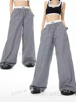 Coolane Street Style Крутые повседневные Женские синие клетчатые длинные брюки со сращенной талией Shein, мультиколор