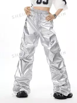 Coolane Y2K Серебристые широкие брюки с парашютом и полиуретановым покрытием, прямые брюки с эластичной резинкой на талии и карманами Shein, серебряный