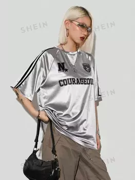 Coolane: Женская летняя спортивная футболка большого размера с рисунком серебристого металлика для музыкальных фестивалей и спортивной одежды Shein, серый