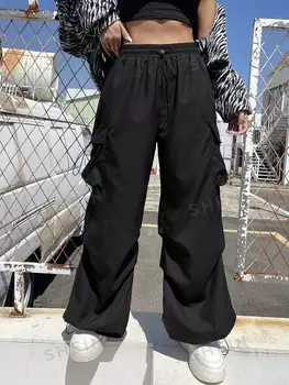 Coolane Женская спортивная одежда в стиле блоккор, черные брюки-карго с боковыми карманами и завязками на талии Shein, черный
