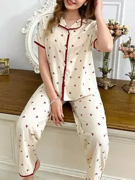 Cottage Slumber Cherry Bubble Женская пижама из крепа контрастного цвета с окантовкой и длинными брюками с короткими рукавами Shein, мультиколор
