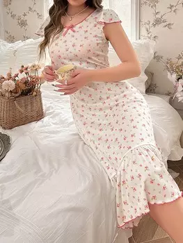 CottageSlumber Пижама украшена карманами и цветочным узором в стиле колор-блок, с рюшами по подолу Shein, белый