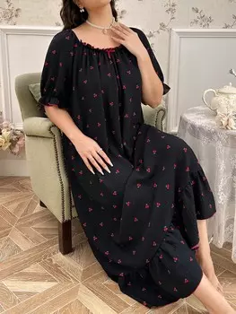 CottageSlumber Пижамное платье с длинными рукавами, милым вишнёвым узором, больших размеров, с рюшами по низу Shein, черный