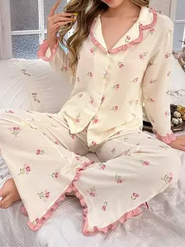 CottageSlumber Пижамы для женщин Воздушно-пузырчатый принт, романтические полоски Shein, абрикосовый