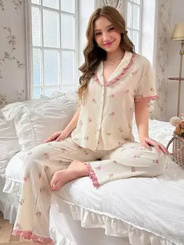 CottageSlumber Женская пижама с цветочным принтом и вырезом в форме сердечка Shein, абрикосовый