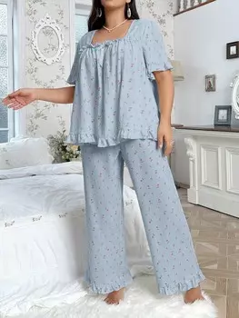 CottageSlumber Женская пижама, узор в виде роз, квадратный вырез горловины, бант Shein, синий