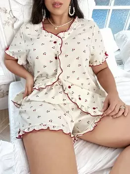 CottageSlumber Женские пижамные Комплекты, топы и шорты с короткими рукавами и v-образным вырезом с вишневым принтом, женский пижамный Комплект больших размеров Shein, абрикосовый