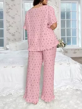 CottageSlumber женские пижамы Футболка и брюки маленький узор розы Квадратный вырез и бантик Shein, розовый