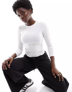 Cotton:On Белый хлопковый топ с круглым вырезом и длинными рукавами