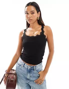 Cotton:On Черная майка из хлопка с кружевной отделкой On Tibby