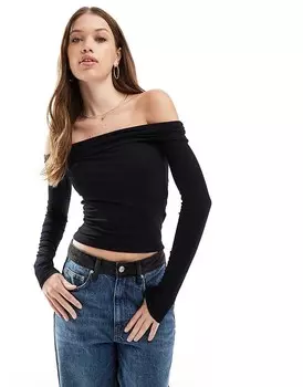 Cotton:On Черный хлопковый топ с открытыми плечами и длинными рукавами в рубчик