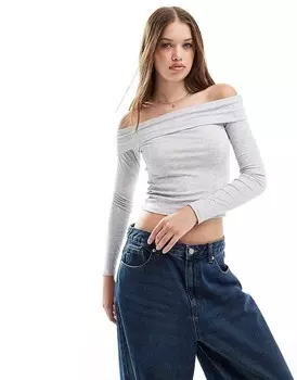 Cotton:On Серый хлопковый топ с открытыми плечами и длинными рукавами в рубчик