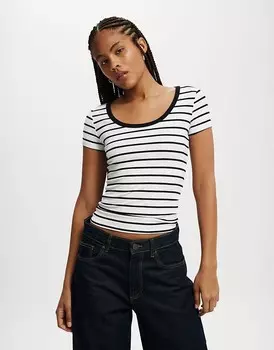 Cotton:On Топ с короткими рукавами и овальным вырезом в рубчик On Staple в полоску реми белого/черного цвета