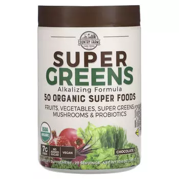 Country Farms, Super Greens, формула с подщелачивающими травами, со вкусом шоколада, 300 г (10,6 унции)