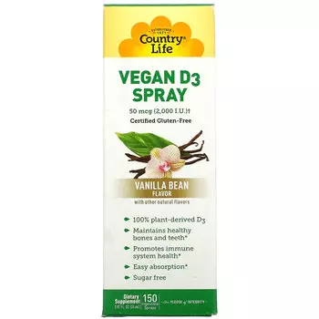 Country Life, Спрей с витамином D3, ванильные стручки, 50 мкг (2000 МЕ), 150 нажатий спрея для перорального приема, 24 мл (0,81 жидк. унции)