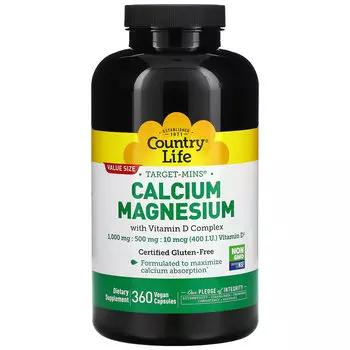Country Life, Target-Mins, кальций и магний с комплексом витамина D, 360 растительных капсул