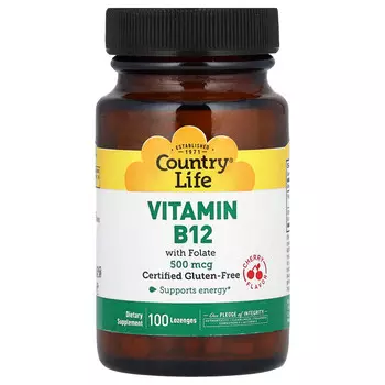 Country Life, Витамин B12 с фолатом, вишня, 100 пастилок