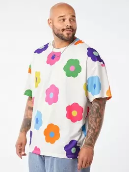 Coze Mod, Футболка с короткими рукавами, круглый вырез, цветочный узор, приталенный крой, для крупных мужчин. Подходит для лета Manfinity, белый