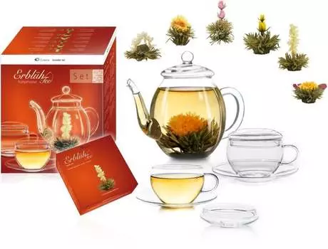 Creano Tea Flower Mix – подарочный набор для цветущего чая, набор со стеклянным чайником и чашками белого чая (6 разных сортов)