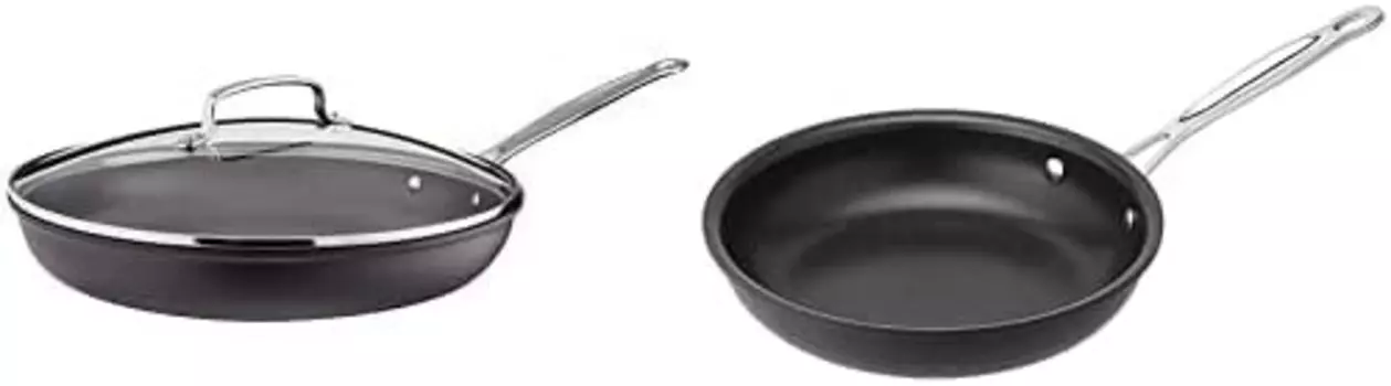 Cuisinart 622-30G, 12-дюймовая сковорода с антипригарным покрытием и твердым анодированием, со стеклянной крышкой и классическая 8-дюймовая открытая сковорода Chef's 622-20 с антипригарным покрытием, с твердым анодированием, Black
