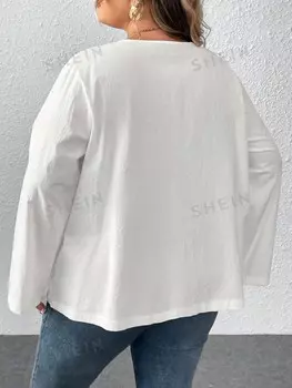 CURVE+ Блузка с заниженными плечами Спереди узел в виде сплошного узора Shein, белый