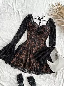 CURVE+ Специальное платье больших размеров, вырез в форме сердца, винтажное кружево, форма А-силуэта, красивое и элегантное, с поясом Shein, черный