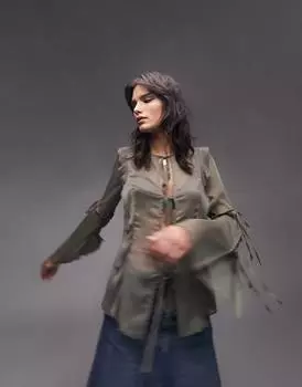 Цвет хаки: топ с длинными рукавами и рюшами на завязках спереди Topshop
