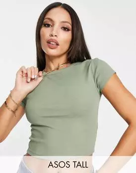 Цвет хаки: укороченный топ в рубчик с короткими рукавами ASOS DESIGN Tall