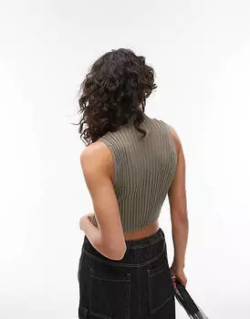 Цвет: хаки, вязаный прозрачный топ с высоким воротником Topshop