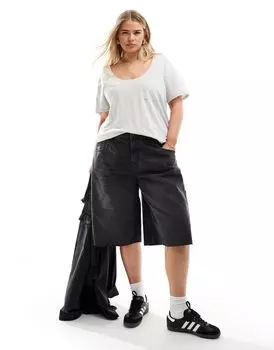 Цветная футболка с льняным эффектом ASOS DESIGN Curve, круглым вырезом и карманом