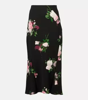 Цветочная миди-юбка Erdem, Painted Rose Bouquet Black